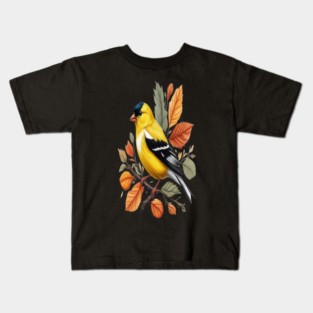 American Goldfinch Bird Autumn Leaves Nature Art Kids T-Shirt