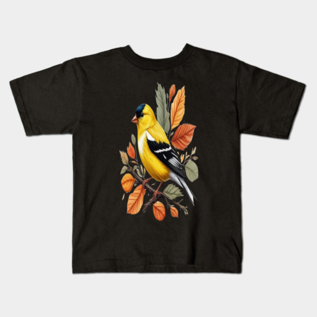 American Goldfinch Bird Autumn Leaves Nature Art Kids T-Shirt by BirdsnStuff