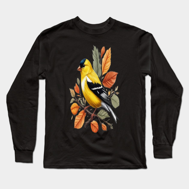 American Goldfinch Bird Autumn Leaves Nature Art Long Sleeve T-Shirt by BirdsnStuff