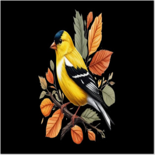 American Goldfinch Bird Autumn Leaves Nature Art Posters and Art