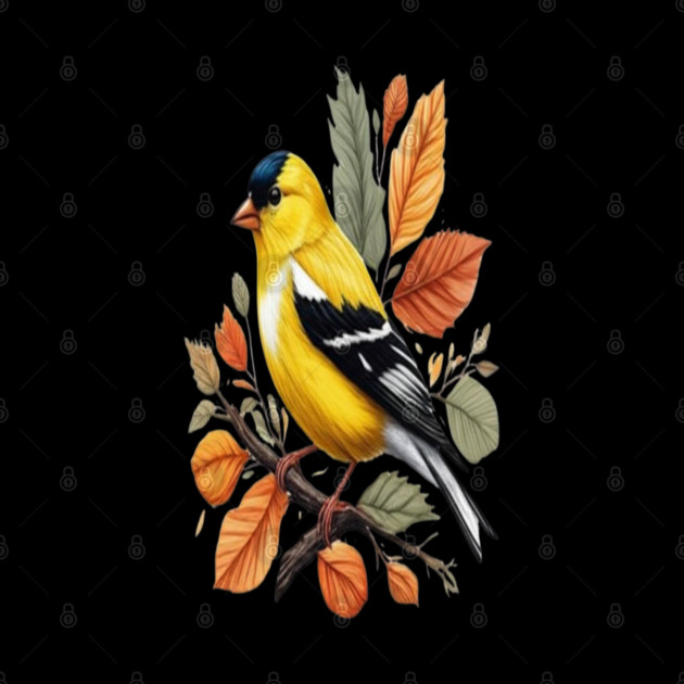 American Goldfinch Bird Autumn Leaves Nature Art by BirdsnStuff