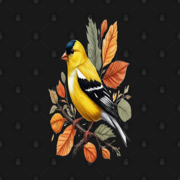 American Goldfinch Bird Autumn Leaves Nature Art by BirdsnStuff