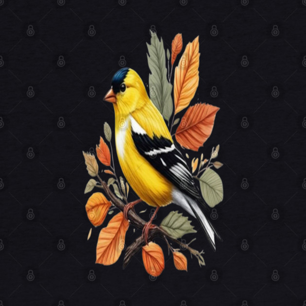 American Goldfinch Bird Autumn Leaves Nature Art by BirdsnStuff