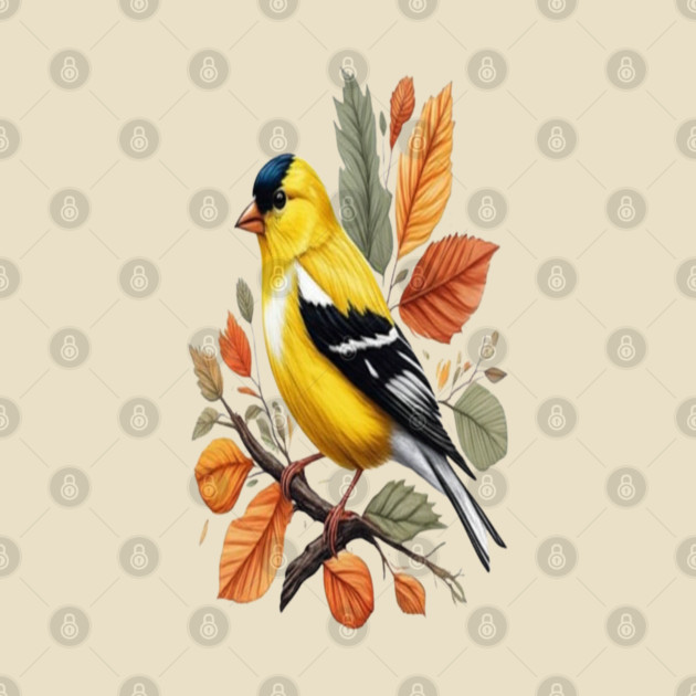 American Goldfinch Bird Autumn Leaves Nature Art by BirdsnStuff