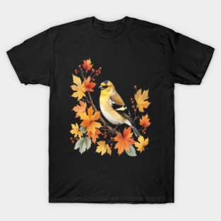 American Goldfinch Bird Maple Leaves Autumn Nature T-Shirt