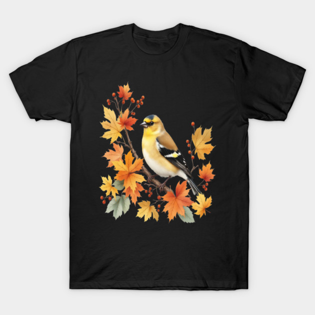 American Goldfinch Bird Maple Leaves Autumn Nature T-Shirt by BirdsnStuff
