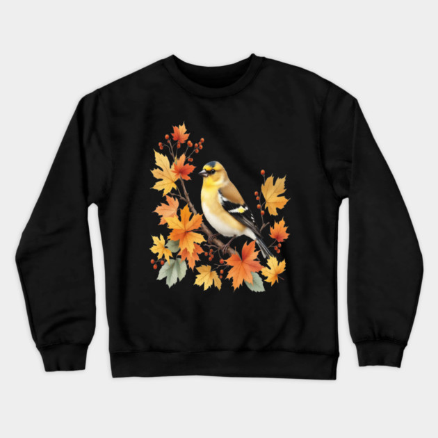 American Goldfinch Bird Maple Leaves Autumn Nature Crewneck Sweatshirt by BirdsnStuff