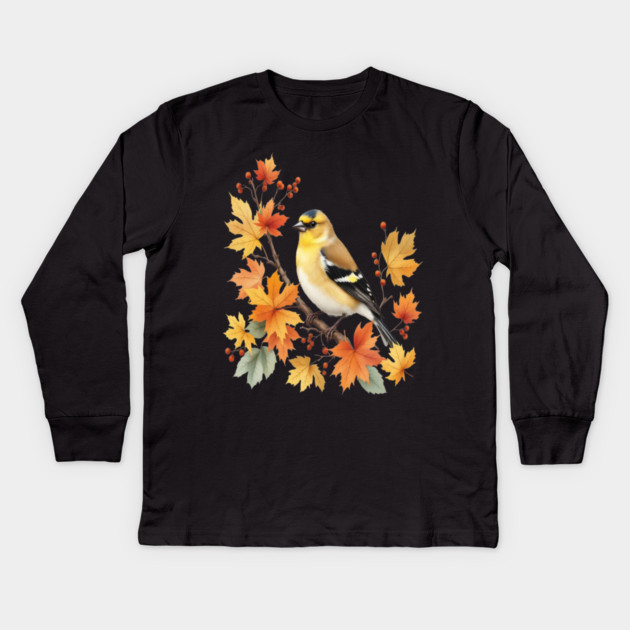 American Goldfinch Bird Maple Leaves Autumn Nature Kids Long Sleeve T-Shirt by BirdsnStuff