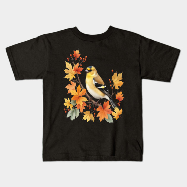 American Goldfinch Bird Maple Leaves Autumn Nature Kids T-Shirt by BirdsnStuff