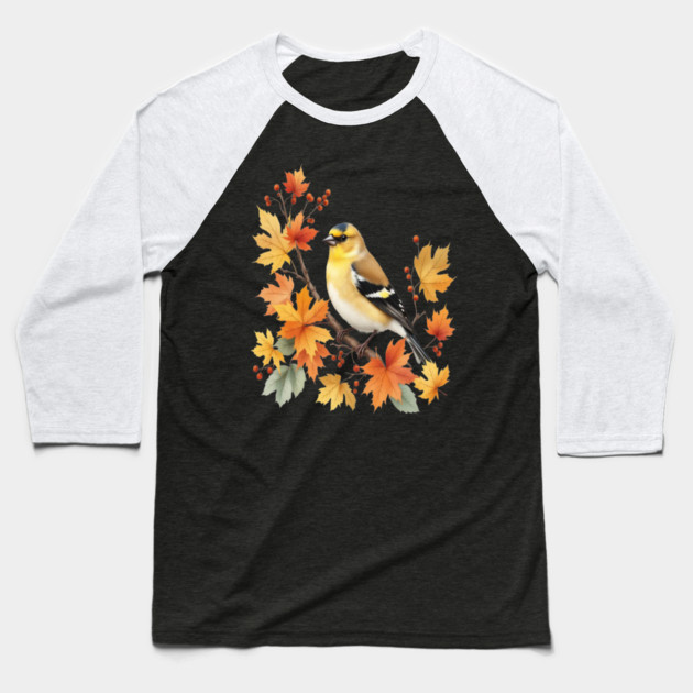 American Goldfinch Bird Maple Leaves Autumn Nature Baseball T-Shirt by BirdsnStuff