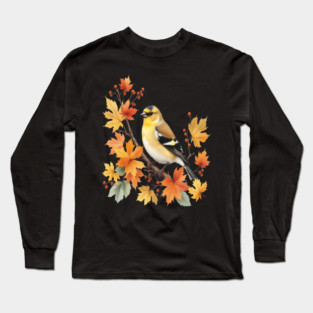 American Goldfinch Bird Maple Leaves Autumn Nature Long Sleeve T-Shirt
