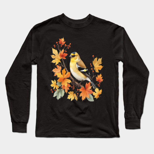 American Goldfinch Bird Maple Leaves Autumn Nature Long Sleeve T-Shirt by BirdsnStuff