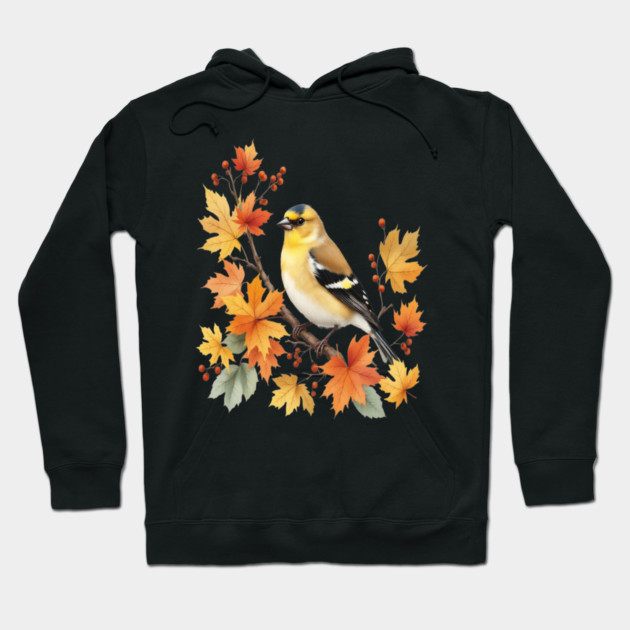 American Goldfinch Bird Maple Leaves Autumn Nature Hoodie by BirdsnStuff