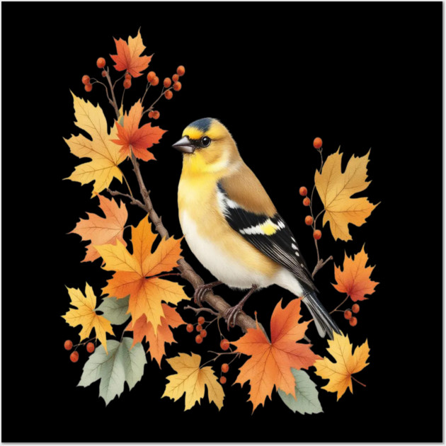 American Goldfinch Bird Maple Leaves Autumn Nature Wall Art by BirdsnStuff