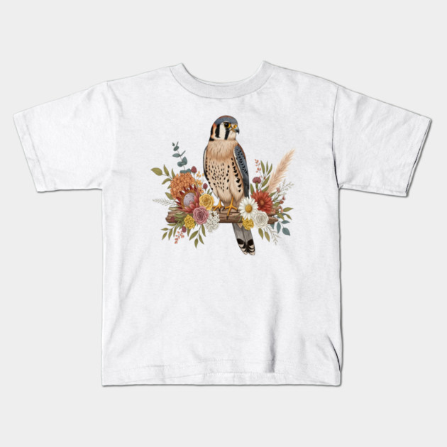 American Kestrel with Colorful Floral Arrangement Kids T-Shirt by BirdsnStuff