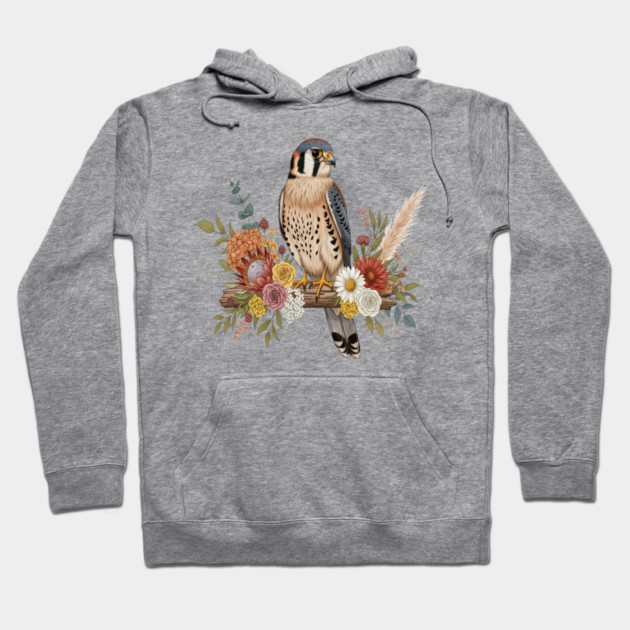 American Kestrel with Colorful Floral Arrangement Hoodie by BirdsnStuff