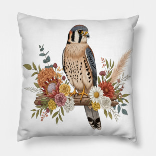 American Kestrel with Colorful Floral Arrangement Pillow