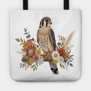 American Kestrel with Colorful Floral Arrangement Tote