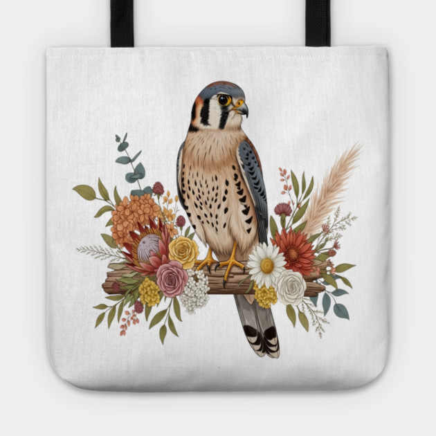 American Kestrel with Colorful Floral Arrangement Tote by BirdsnStuff