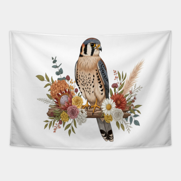 American Kestrel with Colorful Floral Arrangement Tapestry by BirdsnStuff
