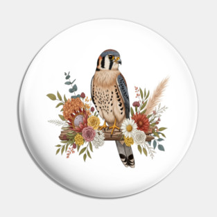 American Kestrel with Colorful Floral Arrangement Pin