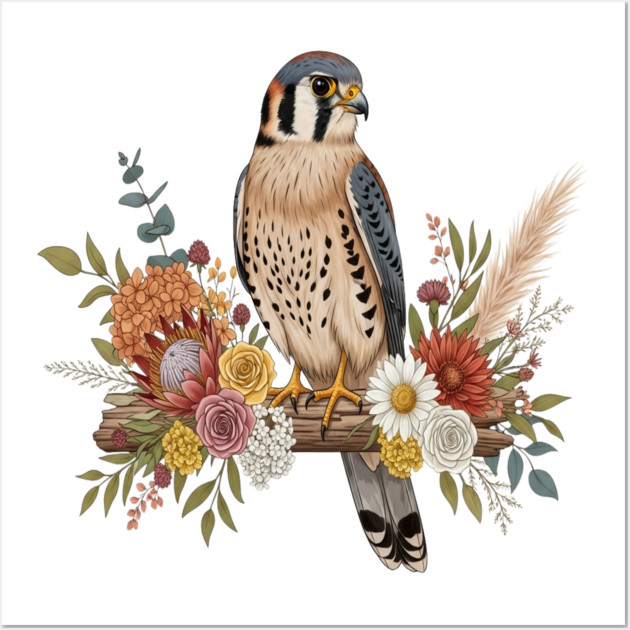 American Kestrel with Colorful Floral Arrangement Wall Art by BirdsnStuff