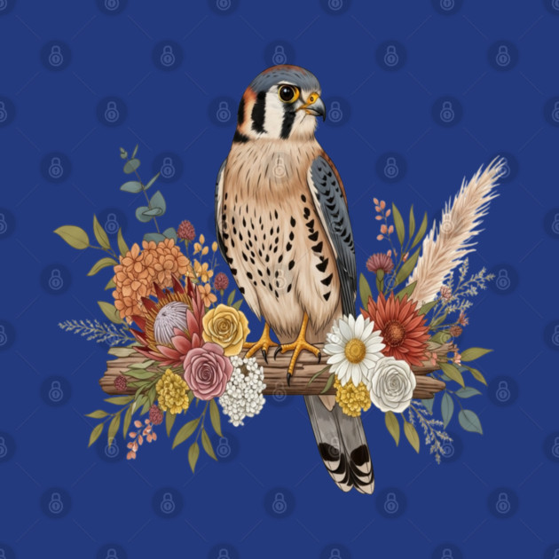 American Kestrel with Colorful Floral Arrangement by BirdsnStuff