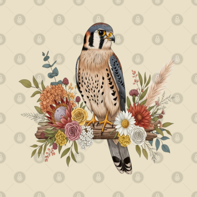 American Kestrel with Colorful Floral Arrangement by BirdsnStuff
