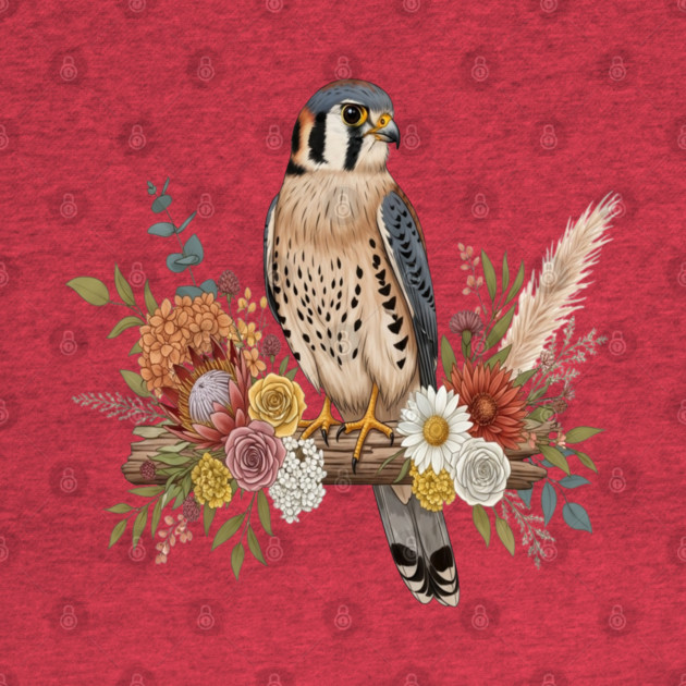 American Kestrel with Colorful Floral Arrangement by BirdsnStuff