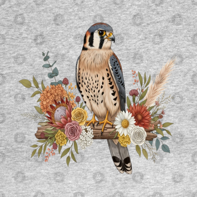 American Kestrel with Colorful Floral Arrangement by BirdsnStuff
