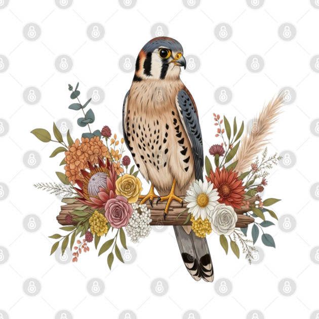American Kestrel with Colorful Floral Arrangement by BirdsnStuff