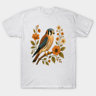 American Kestrel Bird Floral Autumn Nature Art T-Shirt