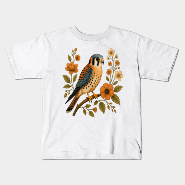 American Kestrel Bird Floral Autumn Nature Art Kids T-Shirt by BirdsnStuff