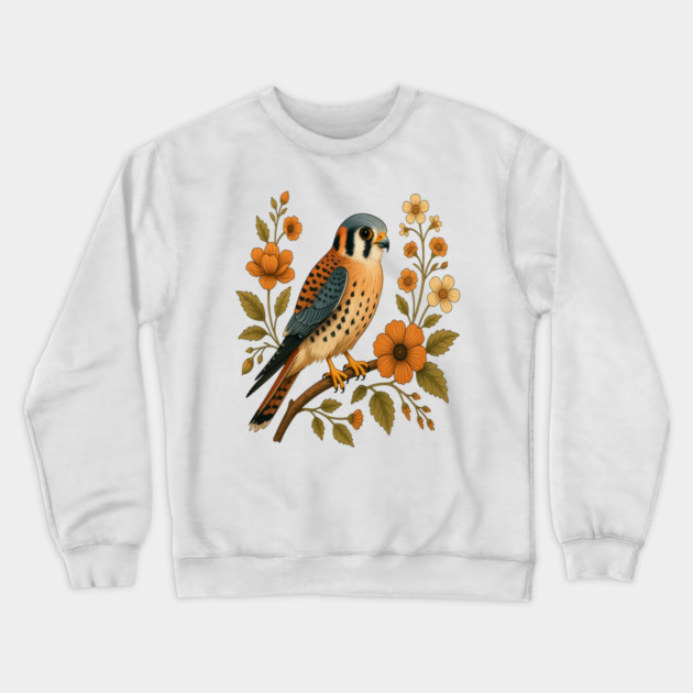 American Kestrel Bird Floral Autumn Nature Art Crewneck Sweatshirt by BirdsnStuff