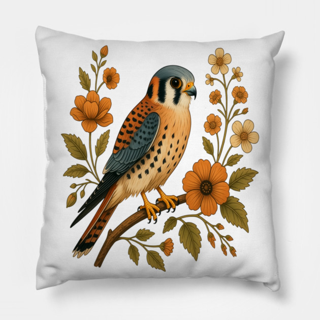 American Kestrel Bird Floral Autumn Nature Art Pillow by BirdsnStuff