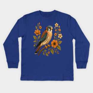 American Kestrel Bird Floral Autumn Nature Art Kids Long Sleeve T-Shirt