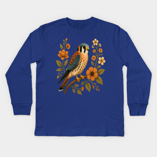 American Kestrel Bird Floral Autumn Nature Art Kids Long Sleeve T-Shirt by BirdsnStuff
