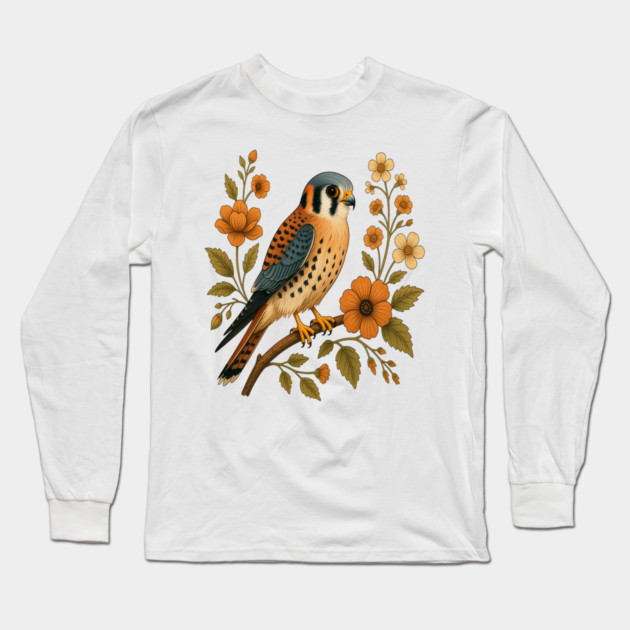 American Kestrel Bird Floral Autumn Nature Art Long Sleeve T-Shirt by BirdsnStuff