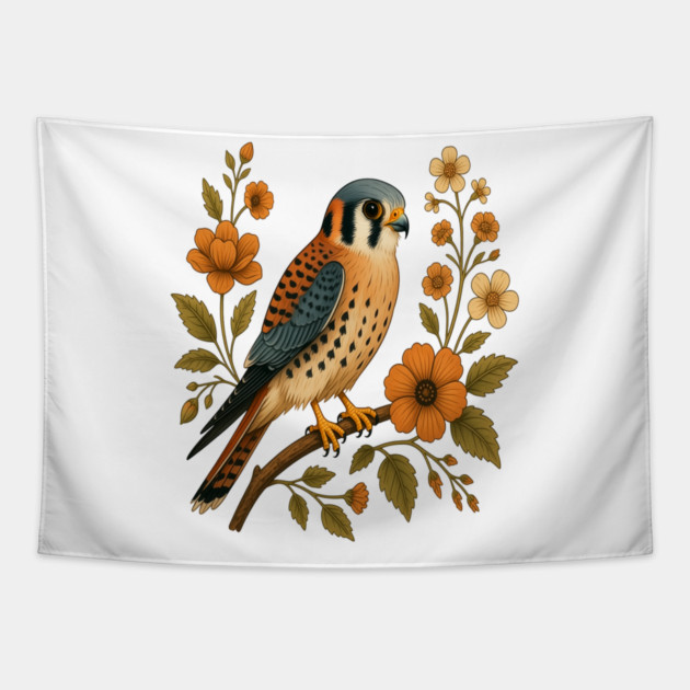American Kestrel Bird Floral Autumn Nature Art Tapestry by BirdsnStuff