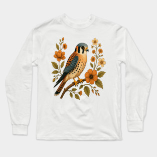 American Kestrel Bird Floral Autumn Nature Art Long Sleeve T-Shirt