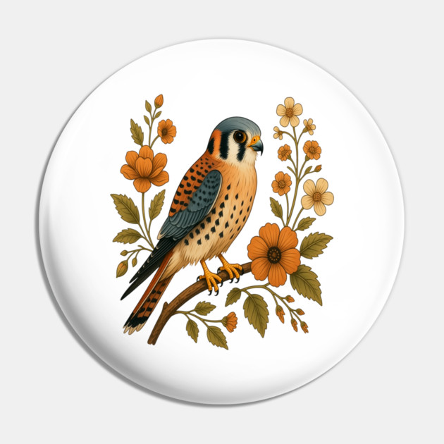 American Kestrel Bird Floral Autumn Nature Art Pin by BirdsnStuff