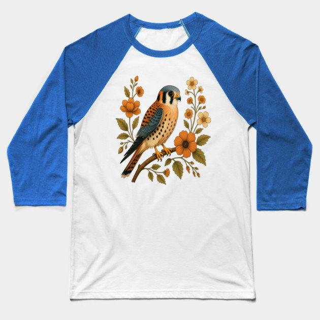 American Kestrel Bird Floral Autumn Nature Art Baseball T-Shirt by BirdsnStuff