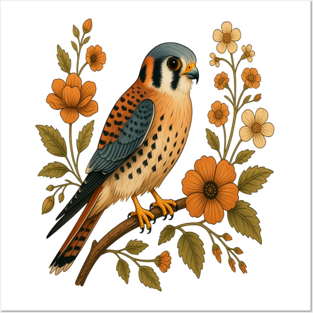 American Kestrel Bird Floral Autumn Nature Art Wall Art by BirdsnStuff