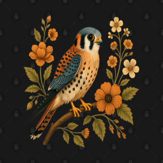American Kestrel Bird Floral Autumn Nature Art by BirdsnStuff