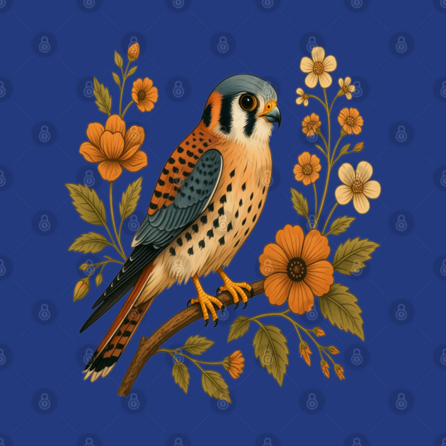 American Kestrel Bird Floral Autumn Nature Art by BirdsnStuff