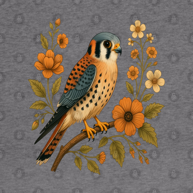 American Kestrel Bird Floral Autumn Nature Art by BirdsnStuff