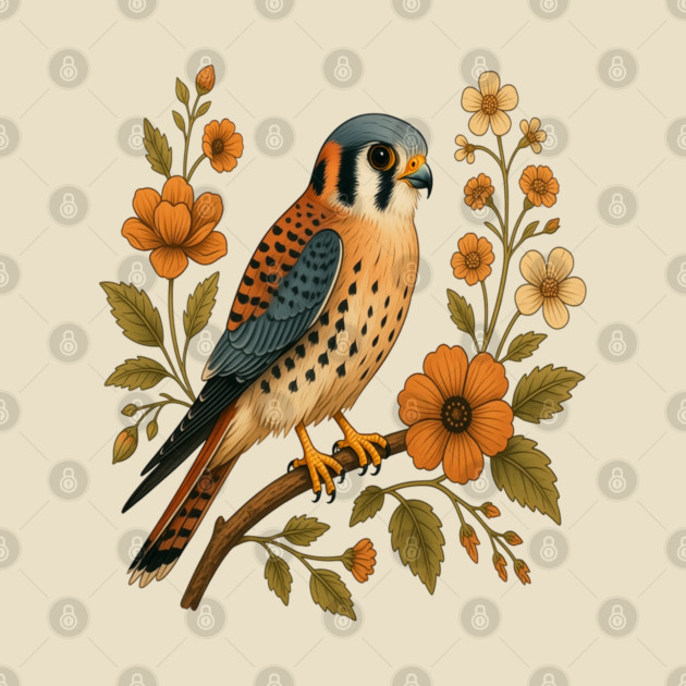 American Kestrel Bird Floral Autumn Nature Art by BirdsnStuff