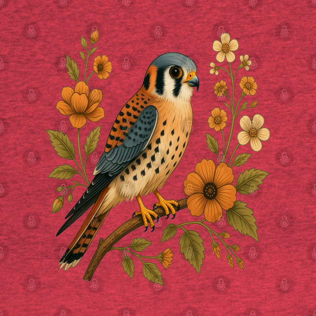 American Kestrel Bird Floral Autumn Nature Art by BirdsnStuff
