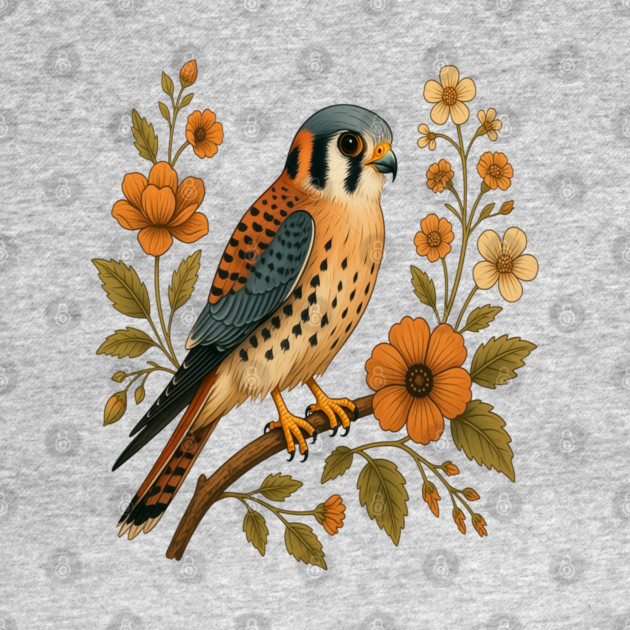 American Kestrel Bird Floral Autumn Nature Art by BirdsnStuff