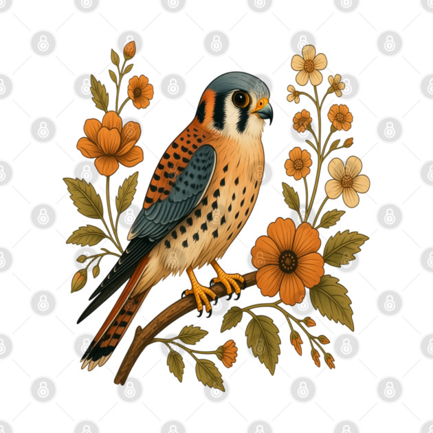 American Kestrel Bird Floral Autumn Nature Art by BirdsnStuff